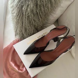 EUC Amina Muaddi Holli Glass Dark Grey pointed-toe PVC slingback heels 39.5